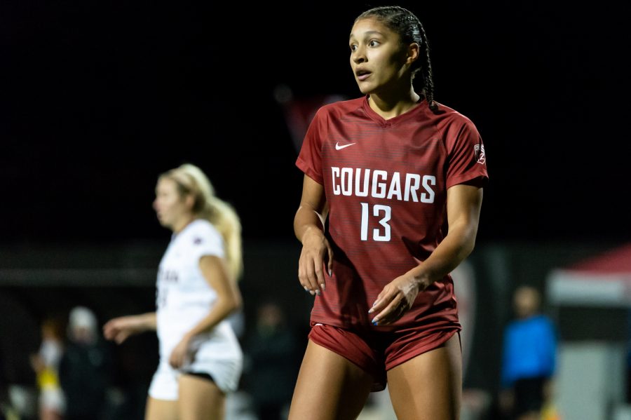 WSU+forward+Elyse+Bennett+%2813%29+prepares+to+recieve+a+throw-in+from+a+teammate+during+an+NCAA+Tournament+match+against+the+University+of+Montana+at+Lower+Soccer+Field%2C+Saturday%2C+Nov.+13%2C+2021%2C+in+Pullman.