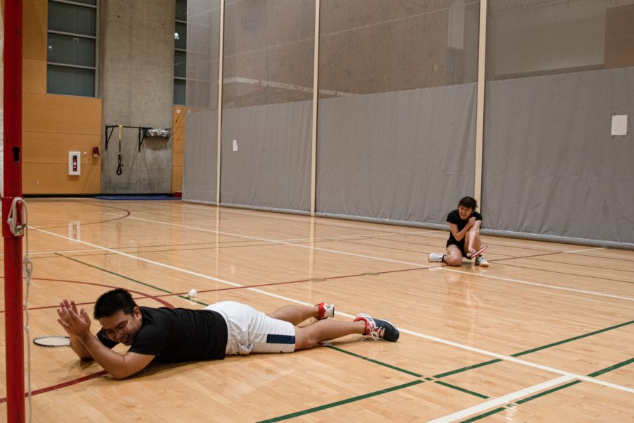 Fang Yu Lim and Yu-Hsien Chou play a mixed doubles mach at the WSU Badminton Touranment, Saturday, Nov. 13, 2021, in Pullman.