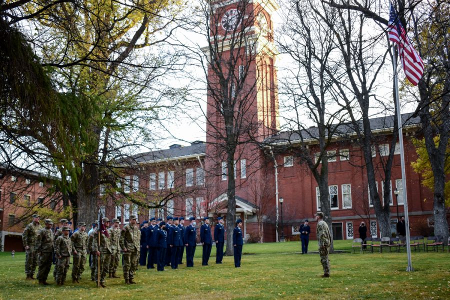 Army and Air Force ROTC cadets stand for a moment of silence around 7 a.m. Wednesday in front of Bryan Hall.