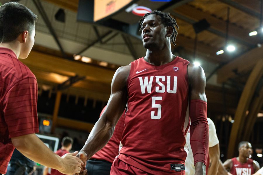 WSU+guard+TJ+Bamba+%285%29+shakes+an+athletic+trainers+hand+after+defeating+the+University+of+Idaho+109-61%2C+Thursday%2C+Nov.+18%2C+2021%2C+in+Moscow%2C+Idaho.