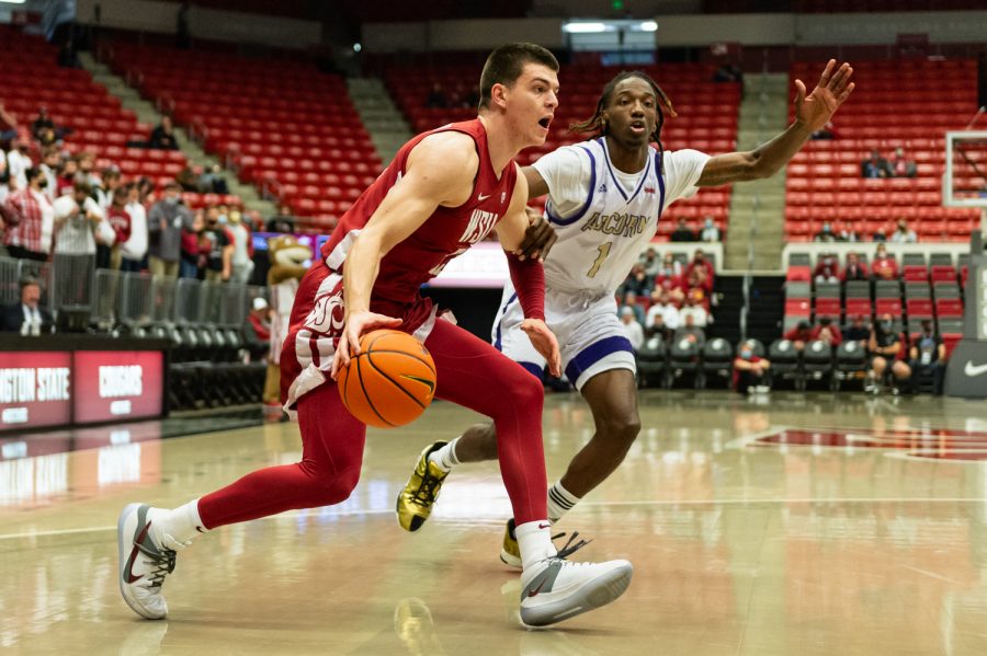 WSU+forward+Andrej+Jakimovski+%2823%29+dribbles+towards+the+hoop+during+a+college+basketball+game+against+Alcorn+State+on+Tuesday+in+Pullman.