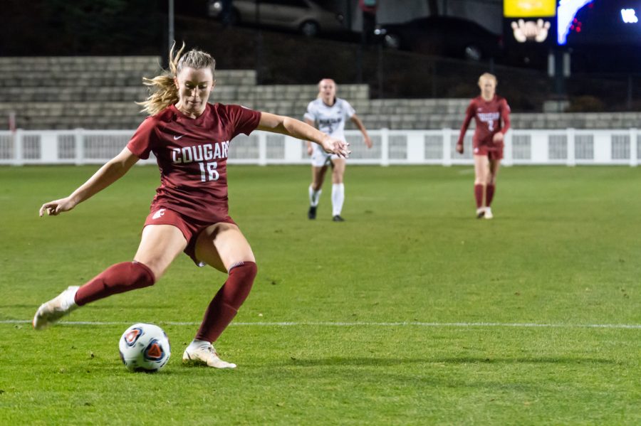 WSU forward Alyssa Gray (16) prepares to shoot on goal during an NCAA Tournament match against the University of Montana at Lower Soccer Field, Saturday, Nov. 13, 2021, in Pullman.