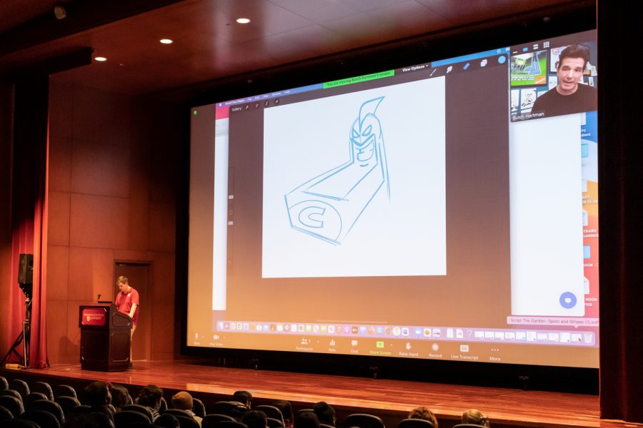 Students participate in a presentation from Butch Hartman in the CUB Auditorium, Tuesday, Nov. 9, 2021, in Pullman. Hartman gave lessons on how to sketch his most famous characters and discussed his history in animation.
