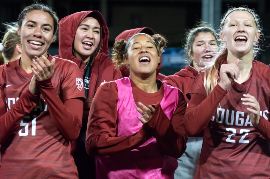 The+WSU+womens+soccer+team+celebrates+after+defeating+the+University+of+Montana+3-0+in+an+NCAA+Tournament+match+at+the+Lower+Soccer+Field%2C+Saturday%2C+Nov.+13%2C+2021%2C+in+Pullman.