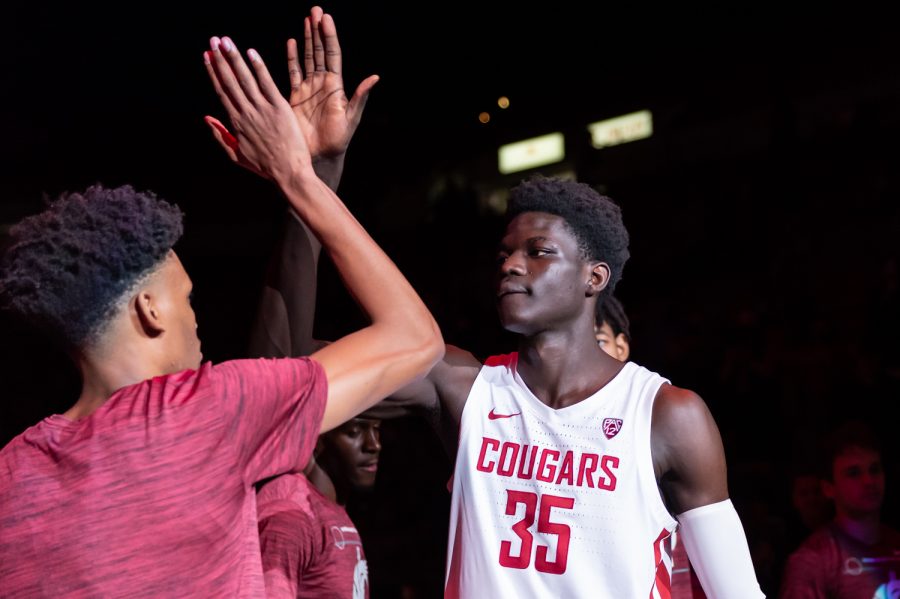 WSU+forward+Mouhamed+Gueye+%2835%29+makes+his+entrance+before+a+college+basketball+game+against+the+University+of+California%2C+Santa+Barbara+at+Beasley+Coliseum%2C+Monday%2C+Nov.+15%2C+2021%2C+in+Pullman.