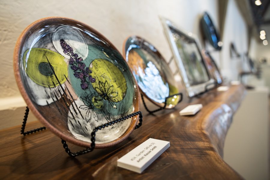 A plate by artist Kassie Smith sits on display at Dahmen Barn Sunday in Uniontown, Washington.