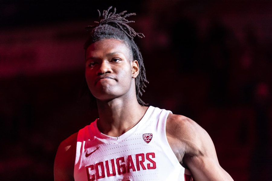 WSU guard Efe Abogidi makes his entrance onto the court before an NCAA college basketball game against California, Saturday, Jan. 15, in Beasley Coliseum.