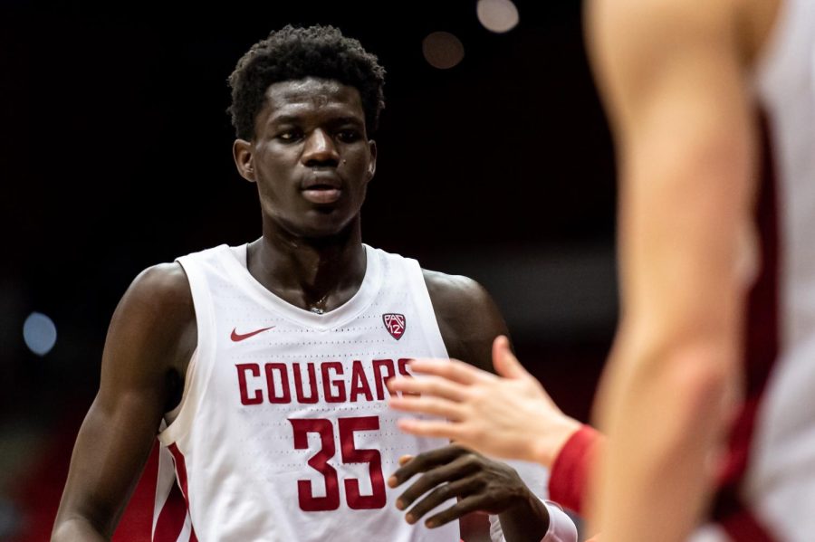 WSU+forward+Mouhamed+Gueye+%2835%29+high-fives+teammates+after+being+substituted+during+the+second+half+of+an+NCAA+college+basketball+game+against+California%2C+Saturday%2C+Jan.+15%2C+in+Beasley+Coliseum.