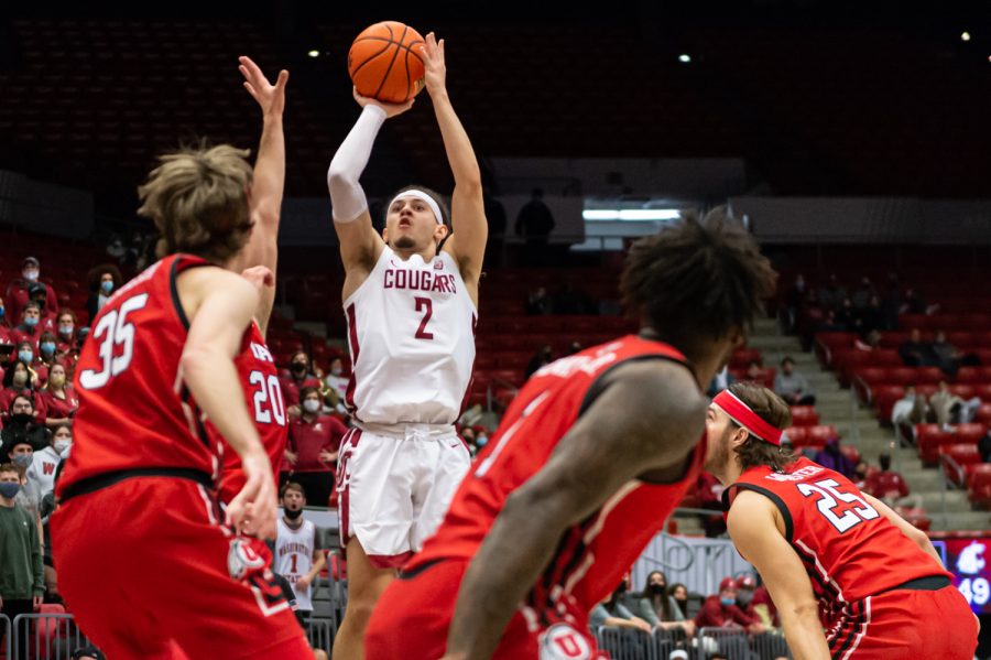 WSU guard Tyrell Roberts (2) shoots a 3-pointer during the second half against Utah, Wednesday, Jan. 26, in Beasley Coliseum.