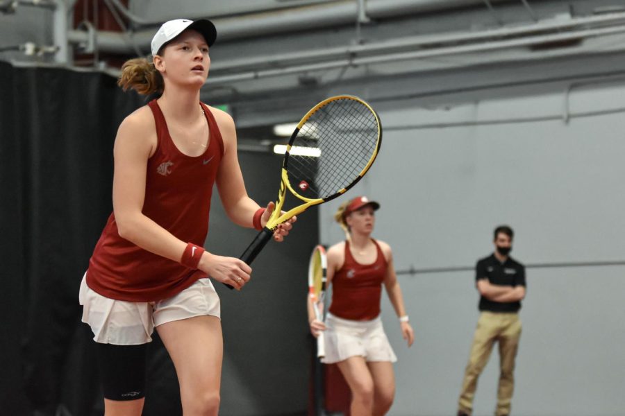 Michaela Bayerlova (left) and Maxine Murphy (right) compete in a doubles match against Idaho, Jan. 29, at Hollingberry Fieldhouse.