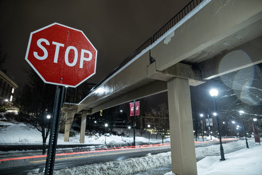 The pedestrian bridge between Troy Hall and Wegner Hall over Stadium Way remains closed to the public, Thursday, Jan. 6, 2022.