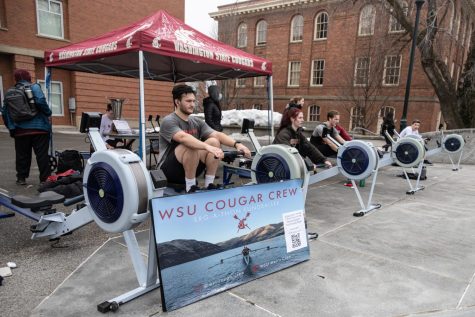 Members of the WSU Cougar Crew participate in the Erg-A-Thon to raise support for the Palouse-Clearwater Environmental Institute, Jan. 26, 2022 on Terrell Mall.