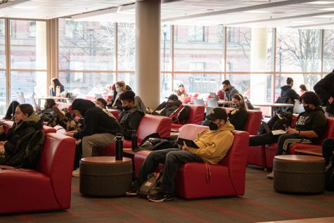 Masked students study in the Compton Union Building on Feb. 22.
