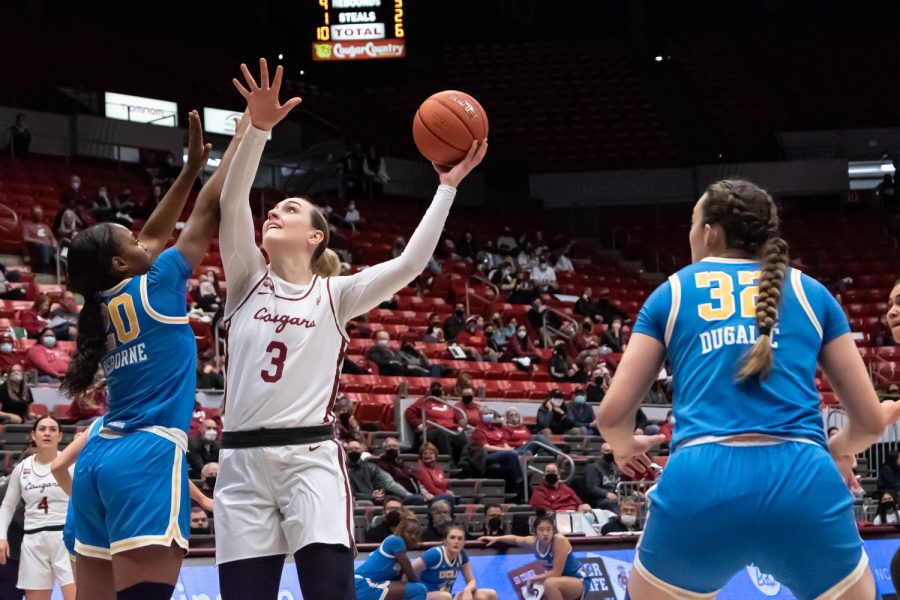 WSU center Emma Nankervis (3) drives to the basket during the second half of an NCAA collegiate basketball game against UCLA, Feb. 11.