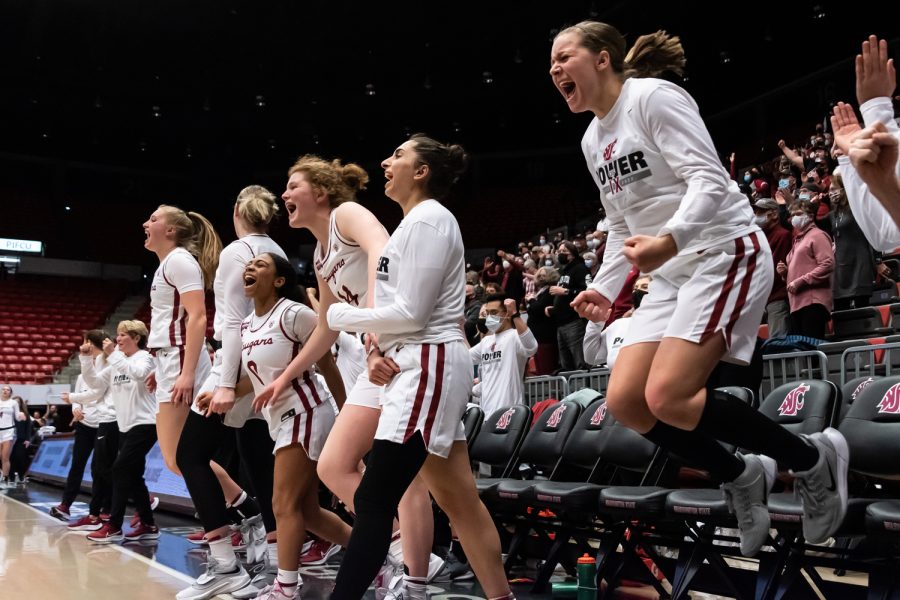 The WSU womens basketball team celebrates during the second half of an NCAA collegiate basketball game against UCLA, Feb. 11.