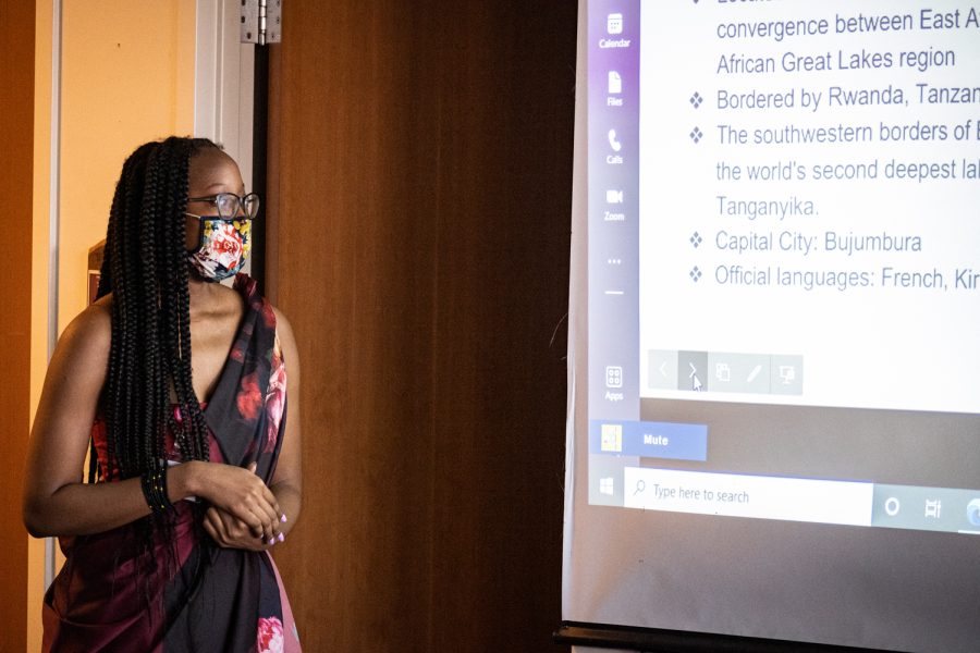 Chiara Edah delivers a presentation about Burundi to students at the International Center, located in the Compton Union Building, Feb. 18