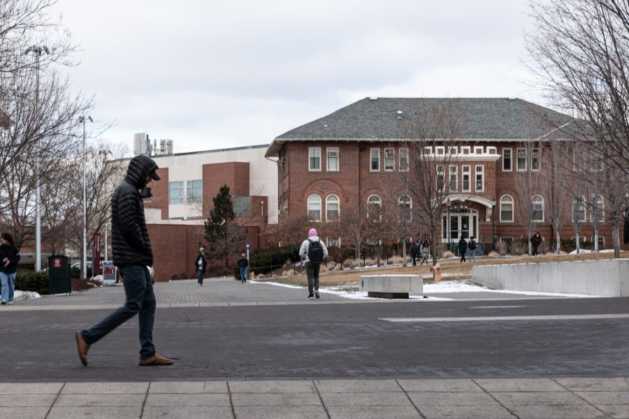 Students walk across the intersection of Glenn Terell Mall and Library Road, Feb. 24.