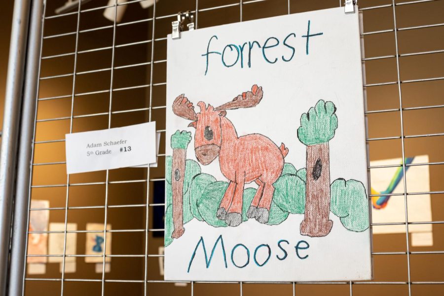 Forrest Moose by fifth grader Adam Schaefer of Jennings Elementary hangs on display at the Libey Gallery, Feb. 12.