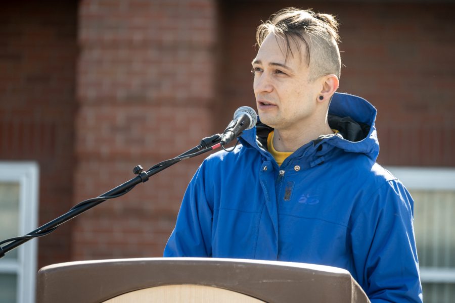 Taras Nazarov, postdoctoral student at WSU, shares his personal experiences with the events at Ukraine at the Rally for Ukraine event, Glenn Terell Mall, March 10.