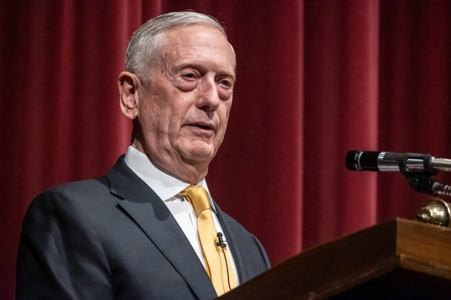 James Mattis, former U.S. Secretary of Defense, delivers opening remarks at Democracy at home and abroad, March 24, Bryan Hall Auditorium.