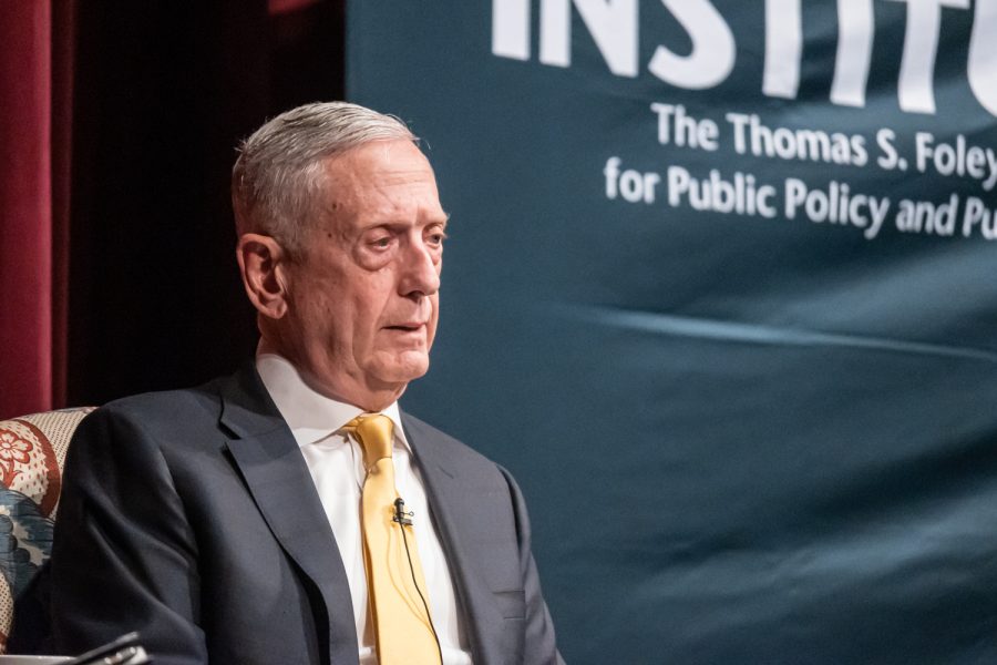 James Mattis, former U.S. Secretary of Defense, answers questions from Cornell Clayton, director of Thomas S. Foley Institute for Public Policy and Public Service, at Democracy at home and abroad, March 24, Bryan Hall Auditorium.