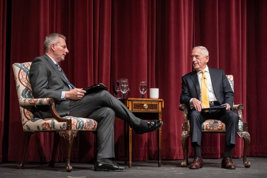 James Mattis (right), former U.S. Secretary of Defense, answers questions from Cornell Clayton (left), director of Thomas S. Foley Institute for Public Policy and Public Service, at Democracy at home and abroad, March 24, Bryan Hall Auditorium.