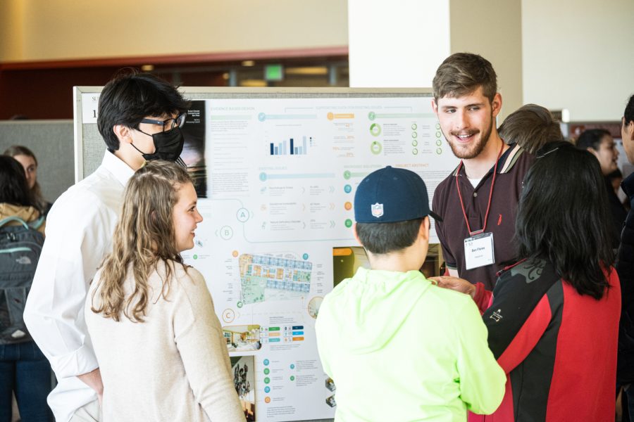 Students present their research findings to their peers and judges at the Showcase for Undergraduate Research.