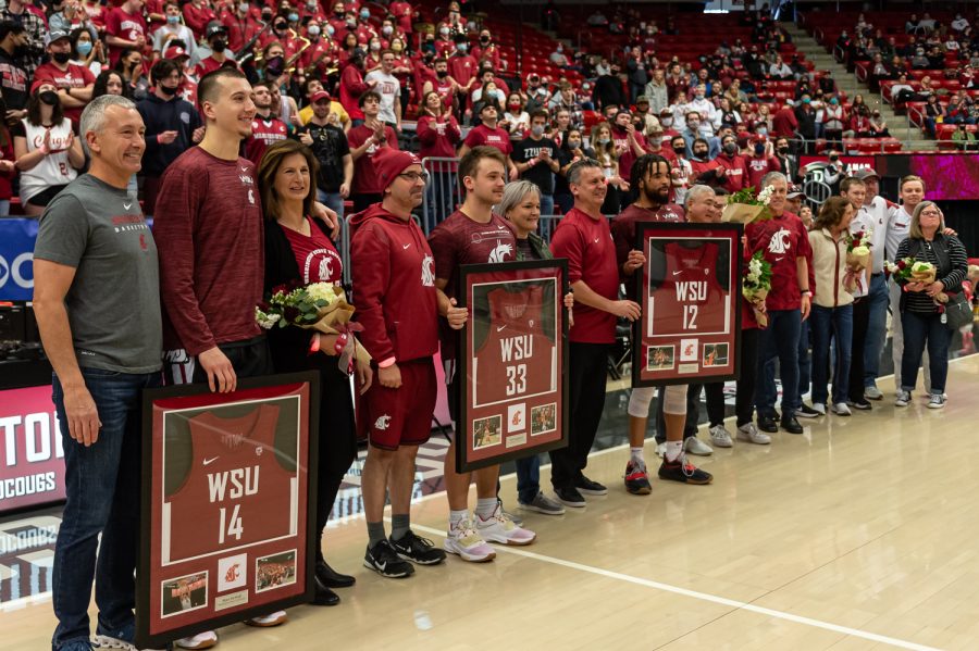 WSU recognizes mens basketball seniors Matt DeWolf (left), Will Burghardt (middle), and Michael Flowers (right) during Senior Night in Beasley Coliseum, March 5.