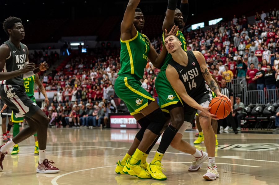 WSU forward Matt DeWolf attempts to find a layup during the first half of an NCAA college basketball game against Oregon in Beasley Coliseum, March 5.