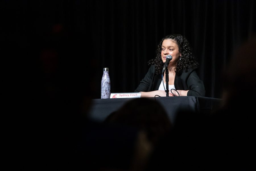 Sydney Finch speaks during the ASWSU multicultural debate on March 21, in the CUB Senior Ballroom.