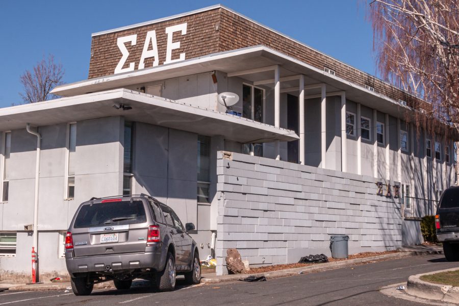 Side view of the Sigma Alpha Epsilon house, March 9.