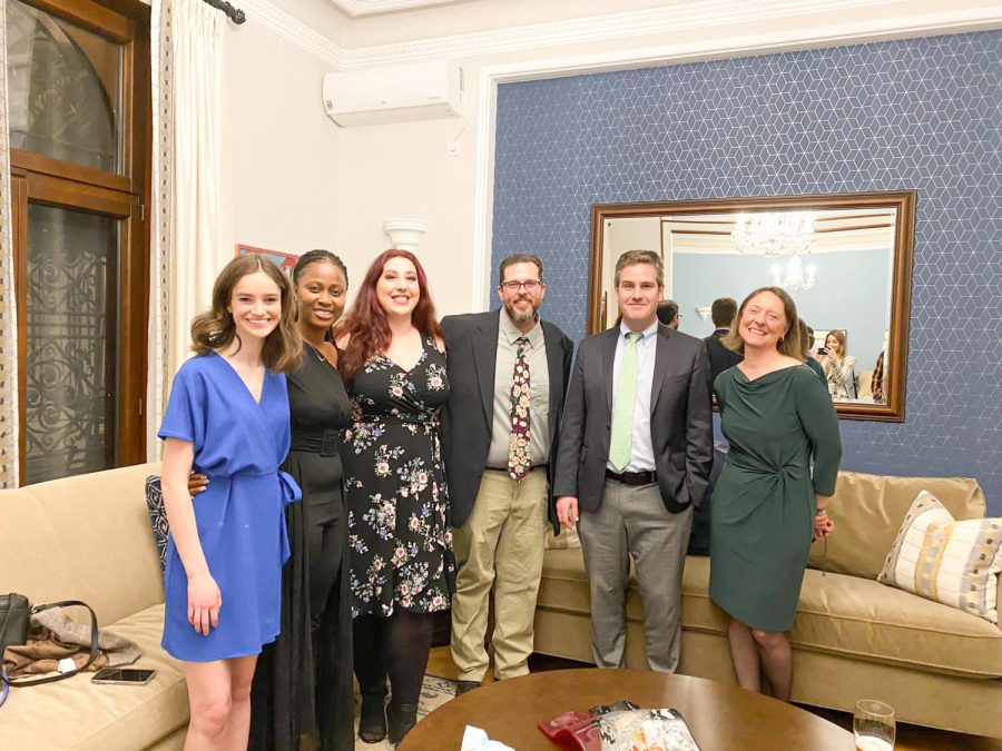 Pictured+left+to+right%2C+students+Abby+Davis%2C+Sona+Porter%2C+Nichole+Bascue+and+Rick+Sinnett+with+U.S.+Embassy+Spokesman+Jim+Hagengruber+and+scholarly+assistant+professor+Alison+Boggs.