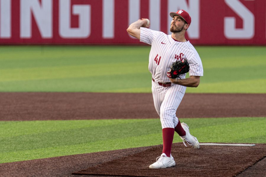 WSU+pitcher+Chase+Grillo+pitches+the+ball+during+an+NCAA+collegiate+baseball+game+against+Utah%2C+April+1%2C+at+Bailey-Brayton+Field.