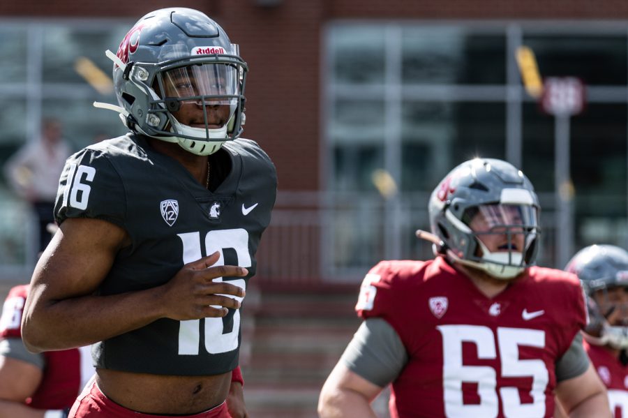 WSU quarterback Xavier Ward enters the field before the 2022 Spring Game, April 23, at Martin Stadium.