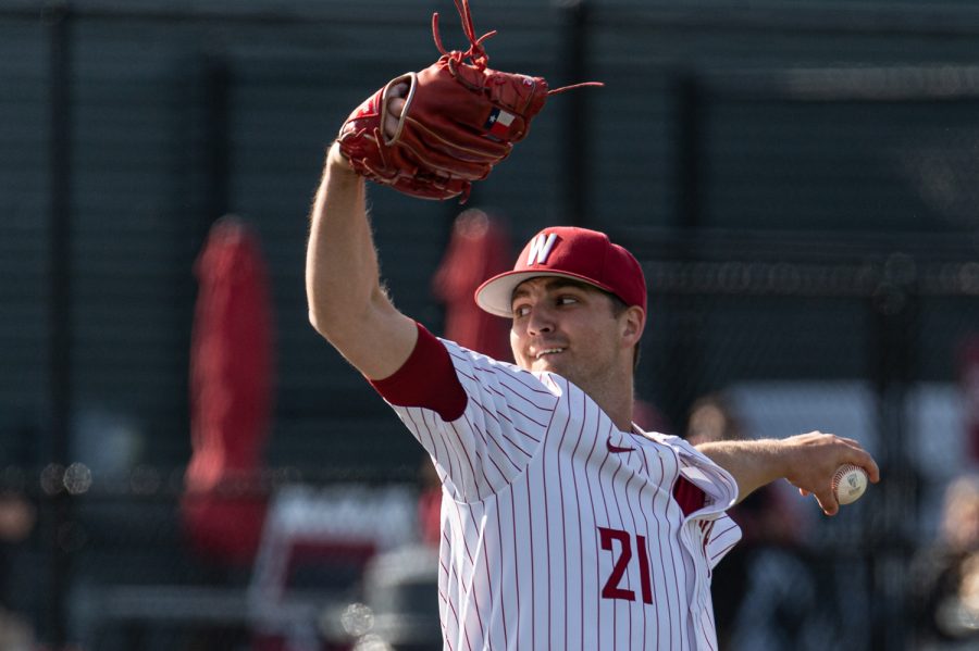 WSU pitcher Cole McMilllan throws a pitch during an NCAA collegiate baseball game against Utah, April 1, at Bailey-Brayton Field.