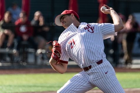 WSU pitcher Cole McMilllan throws a pitch during an NCAA collegiate baseball game against Utah, April 1, at Bailey-Brayton Field.