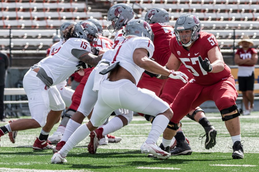 The WSU defense rushes the offensive line during the 2022 Spring Game, April 23, at Martin Stadium.