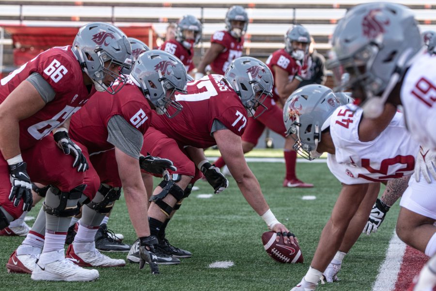 The WSU offense lines up against the defense near the goal line during the 2022 Spring Game, April 23, at Martin Stadium.
