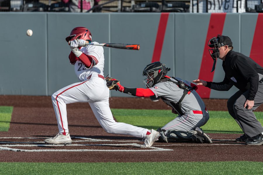 WSU infielder Kodie Kolden swings at a pitch during an NCAA collegiate baseball game, April 2, at Bailey-Brayton Field.