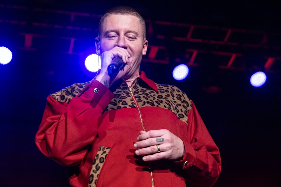 Macklemore speaks with the crowd during a concert at Beasley Coliseum, April 2.