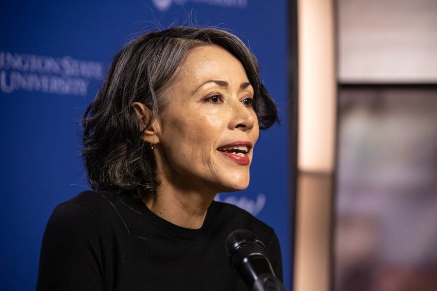 Edward R. Murrow Lifetime Achievement Award recipient Ann Curry answers questions from WSU students during a press conference, April 4, in Jackson Hall.