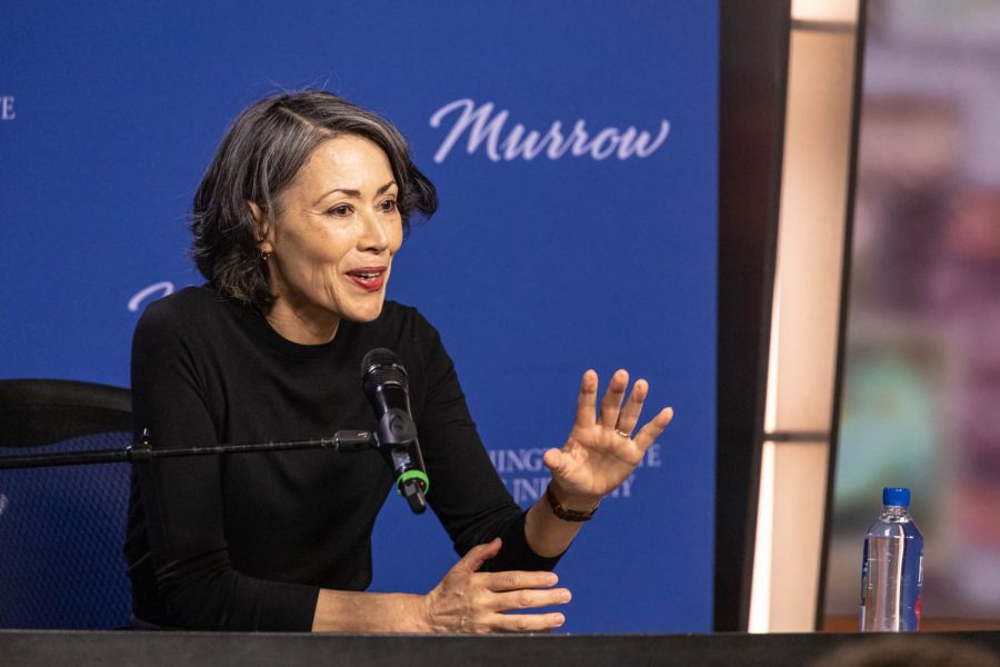 Edward R. Murrow Lifetime Achievement Award recipient Ann Curry answers questions from WSU students during a press conference, April 4, in Jackson Hall.
