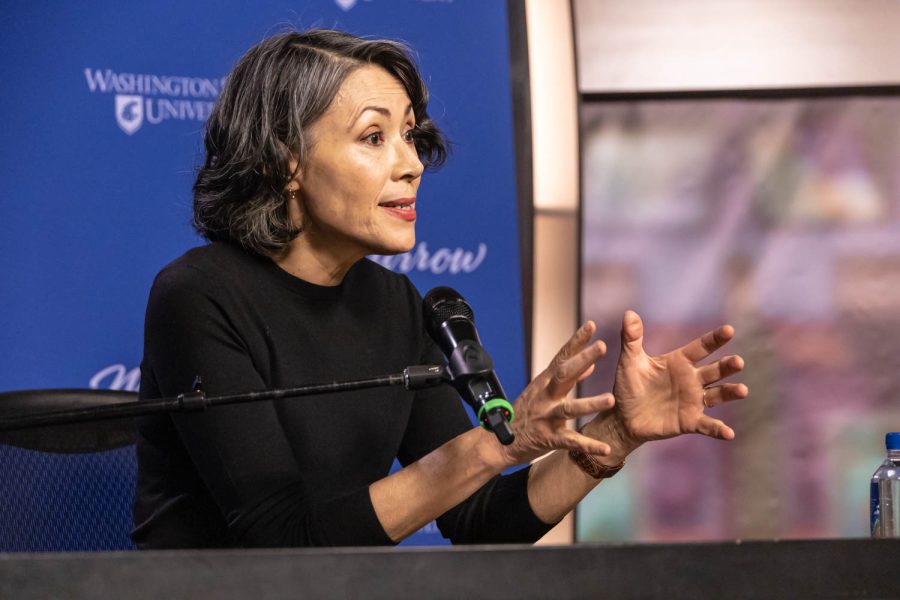Edward R. Murrow Lifetime Achievement Award recipient Ann Curry answers questions from WSU students during a press conference on April 4 in Jackson Hall.