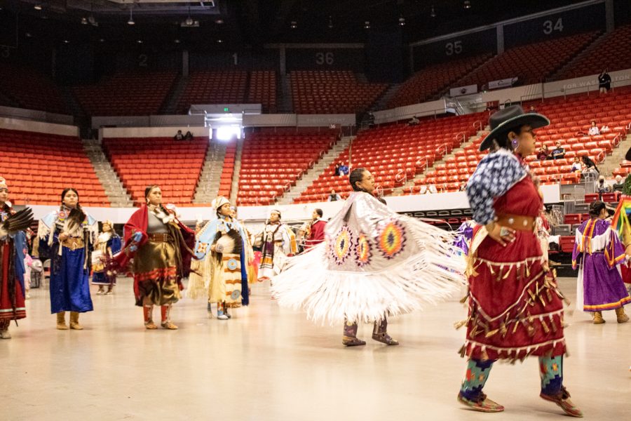 In an introductory performance before the contest, women were asked to take the stage to celebrate womans roles through Native American History.