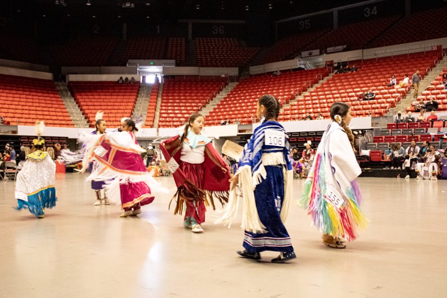 
In an introductory performance before the contest, women were asked to take the stage to celebrate womans roles through Native American History.