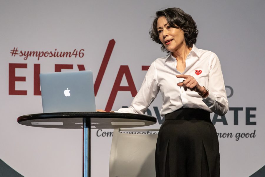 Edward R. Murrow Lifetime Achievement Award recipient Ann Curry discusses ethics and professional responsibility during Murrow Symposium 46, April 5.
