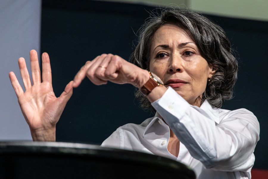 Edward R. Murrow Lifetime Achievement Award recipient Ann Curry recounts a story about a bullied boy with a conjoined thumb during a discussion about humanitarian and war reporting during Murrow Symposium 46, April 5. Curry recounted the success of the boys surgery to detach his thumb from his index finger.