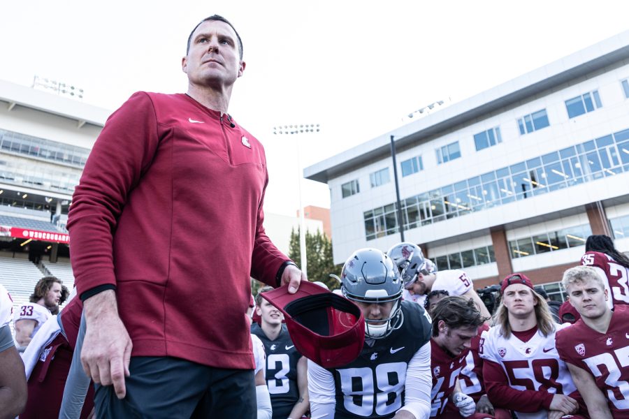 WSU head coach Jake Dickert adresses his team after the 2022 Spring Game, April 23, at Martin Stadium.
