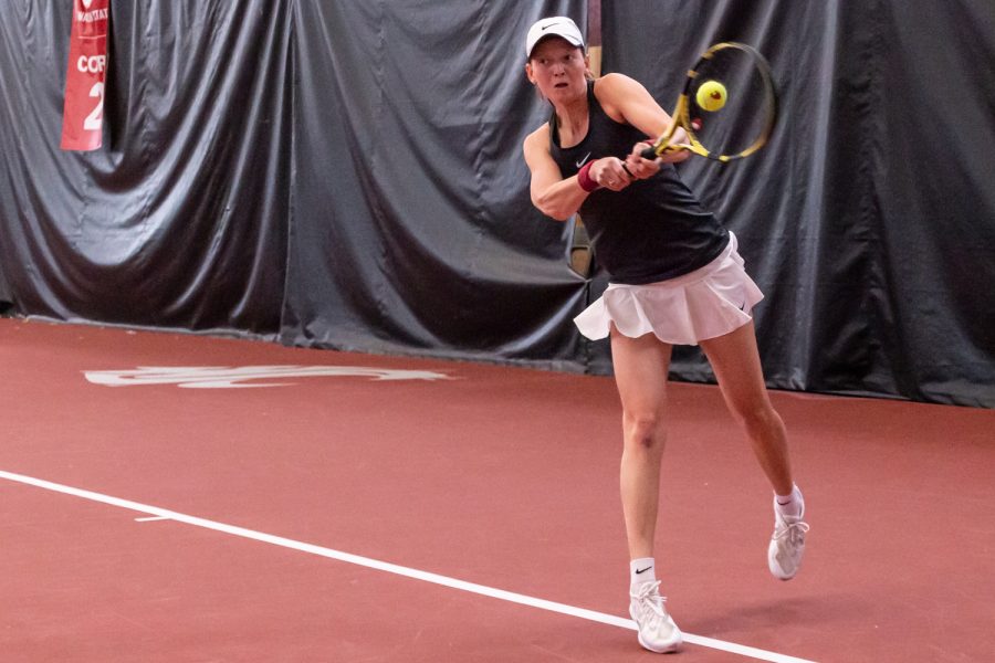 Michaela+Bayerlova+swings+at+the+ball+during+an+NCAA+collegiate+tennis+match+against+Stanford%2C+April+10.
