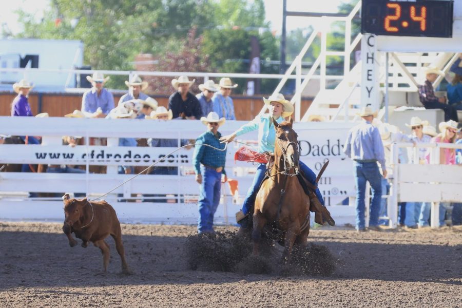 Josie Goodrich and Ruby winning third out of 140 girls in the Wildcard Round at the Cheyenne Frontier Days in Cheyenne, Wyoming.